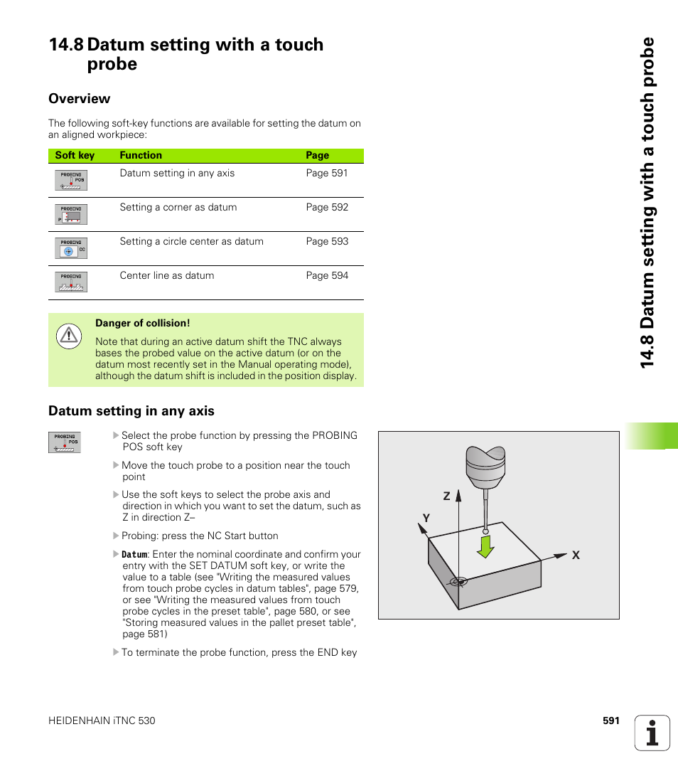 8 datum setting with a touch probe, Overview, Datum setting in any axis | HEIDENHAIN iTNC 530 (34049x-08) User Manual | Page 591 / 739
