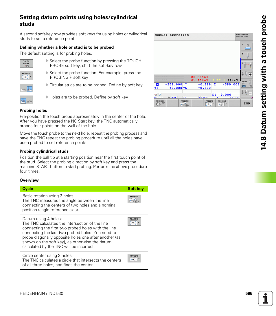 Setting datum points using holes/cylindrical studs | HEIDENHAIN iTNC 530 (34049x-08) User Manual | Page 595 / 739