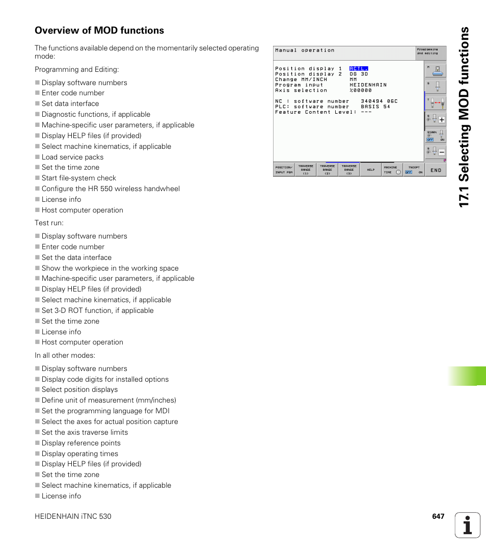 Overview of mod functions, 1 selecting mod functions | HEIDENHAIN iTNC 530 (34049x-08) User Manual | Page 647 / 739