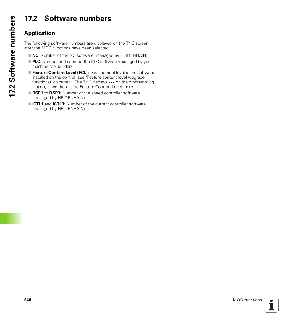 2 software numbers, Application, 2 sof tw a re numbers 17.2 software numbers | HEIDENHAIN iTNC 530 (34049x-08) User Manual | Page 648 / 739