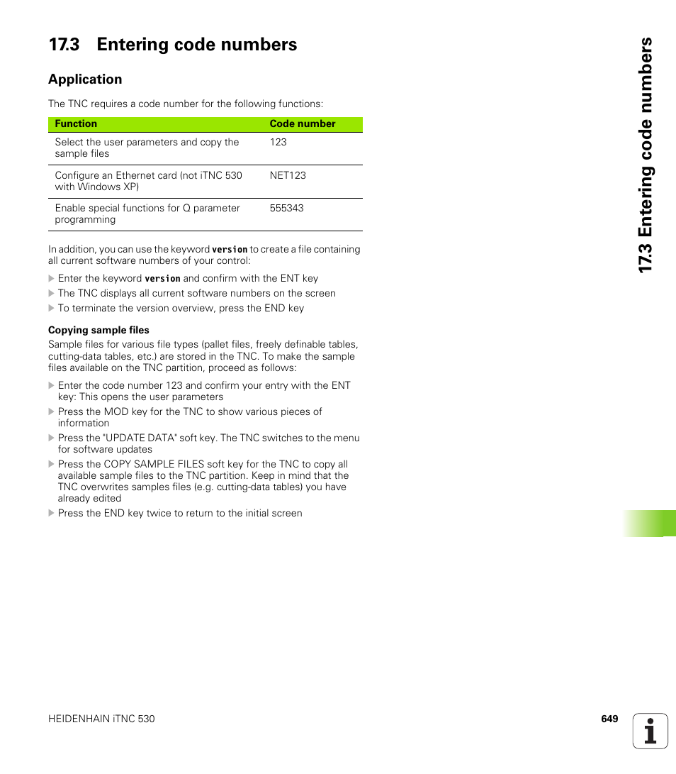3 entering code numbers, Application | HEIDENHAIN iTNC 530 (34049x-08) User Manual | Page 649 / 739