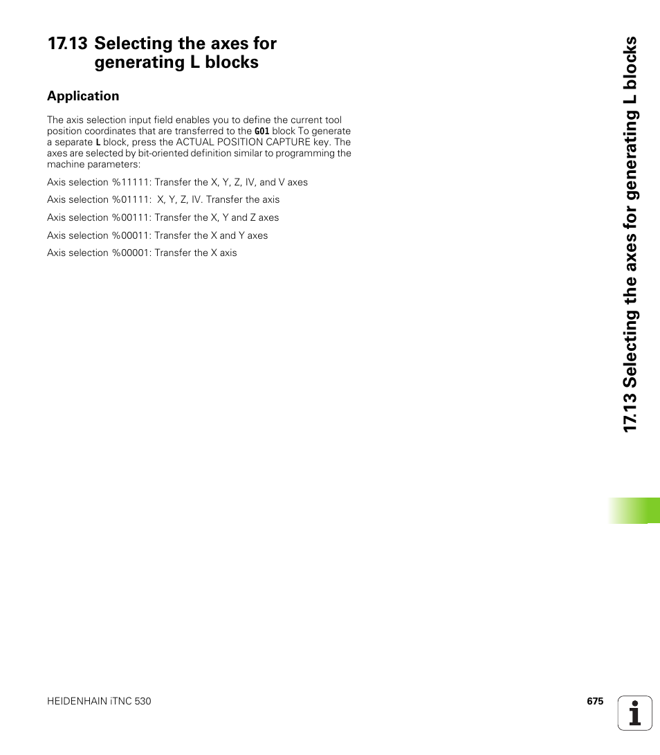 13 selecting the axes for generating l blocks, Application | HEIDENHAIN iTNC 530 (34049x-08) User Manual | Page 675 / 739