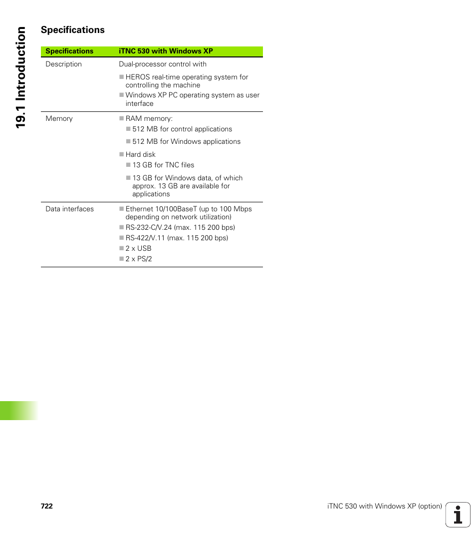 Specifications, 19 .1 intr oduction | HEIDENHAIN iTNC 530 (34049x-08) User Manual | Page 722 / 739