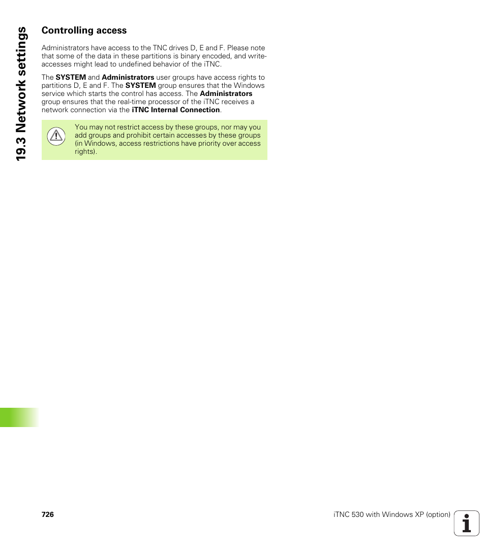 Controlling access, 19 .3 netw or k set tings | HEIDENHAIN iTNC 530 (34049x-08) User Manual | Page 726 / 739