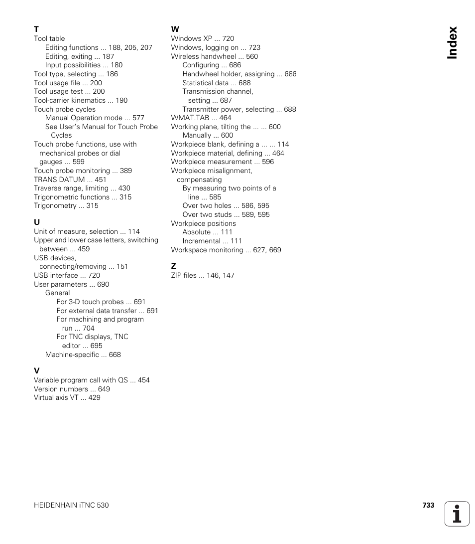 Index | HEIDENHAIN iTNC 530 (34049x-08) User Manual | Page 733 / 739