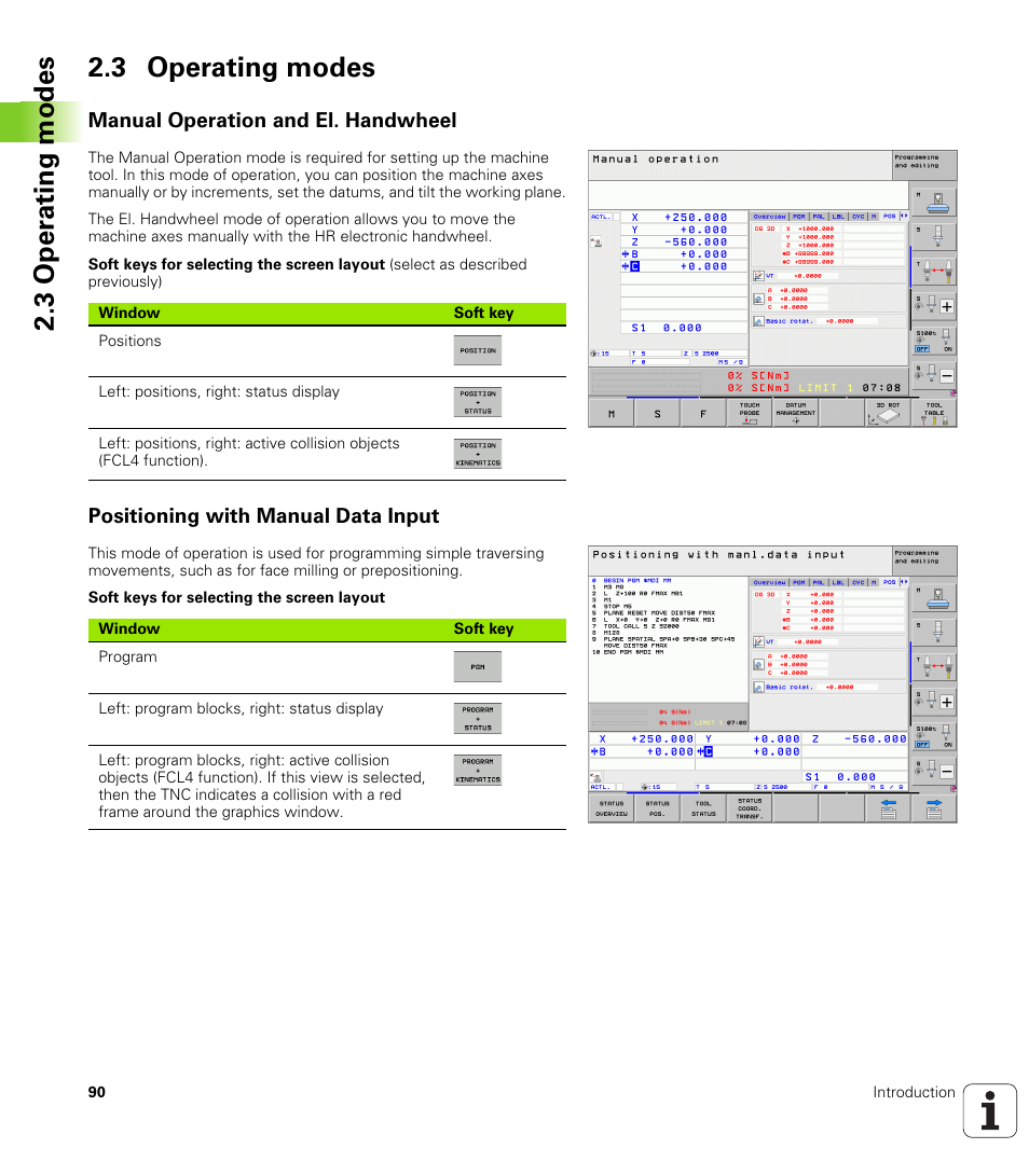 3 operating modes, Manual operation and el. handwheel, Positioning with manual data input | 3 oper ating modes 2.3 operating modes | HEIDENHAIN iTNC 530 (34049x-08) User Manual | Page 90 / 739