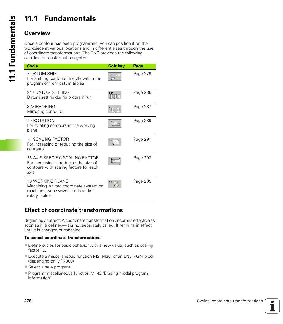 1 fundamentals, Overview, Effect of coordinate transformations | Overview effect of coordinate transformations | HEIDENHAIN iTNC 530 (34049x-08) Cycle programming User Manual | Page 278 / 527