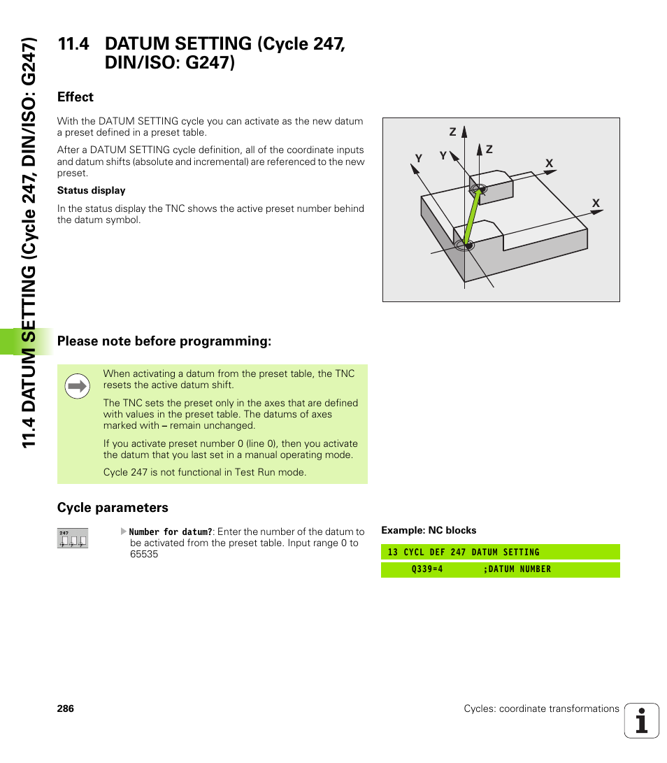 4 datum setting (cycle 247, din/iso: g247), Effect, Please note before programming | Cycle parameters | HEIDENHAIN iTNC 530 (34049x-08) Cycle programming User Manual | Page 286 / 527
