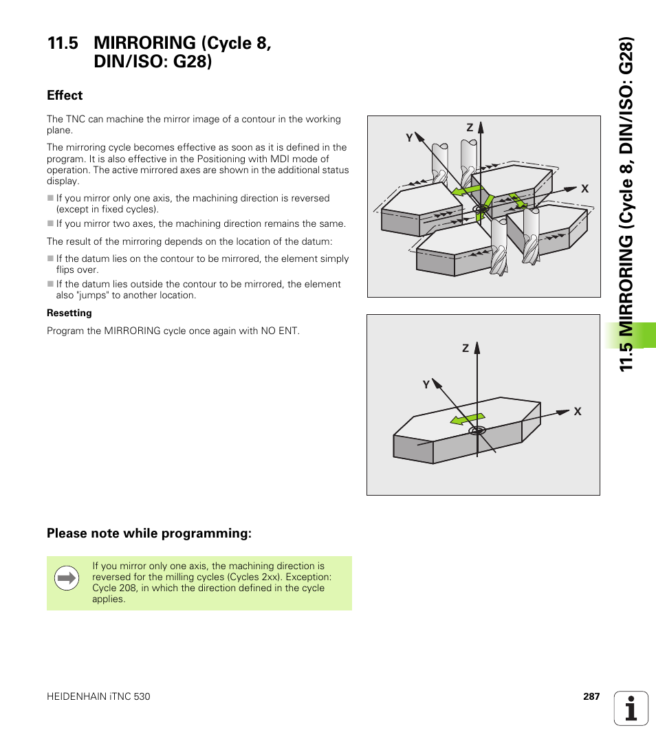 5 mirroring (cycle 8, din/iso: g28), Effect, Please note while programming | Effect please note while programming | HEIDENHAIN iTNC 530 (34049x-08) Cycle programming User Manual | Page 287 / 527