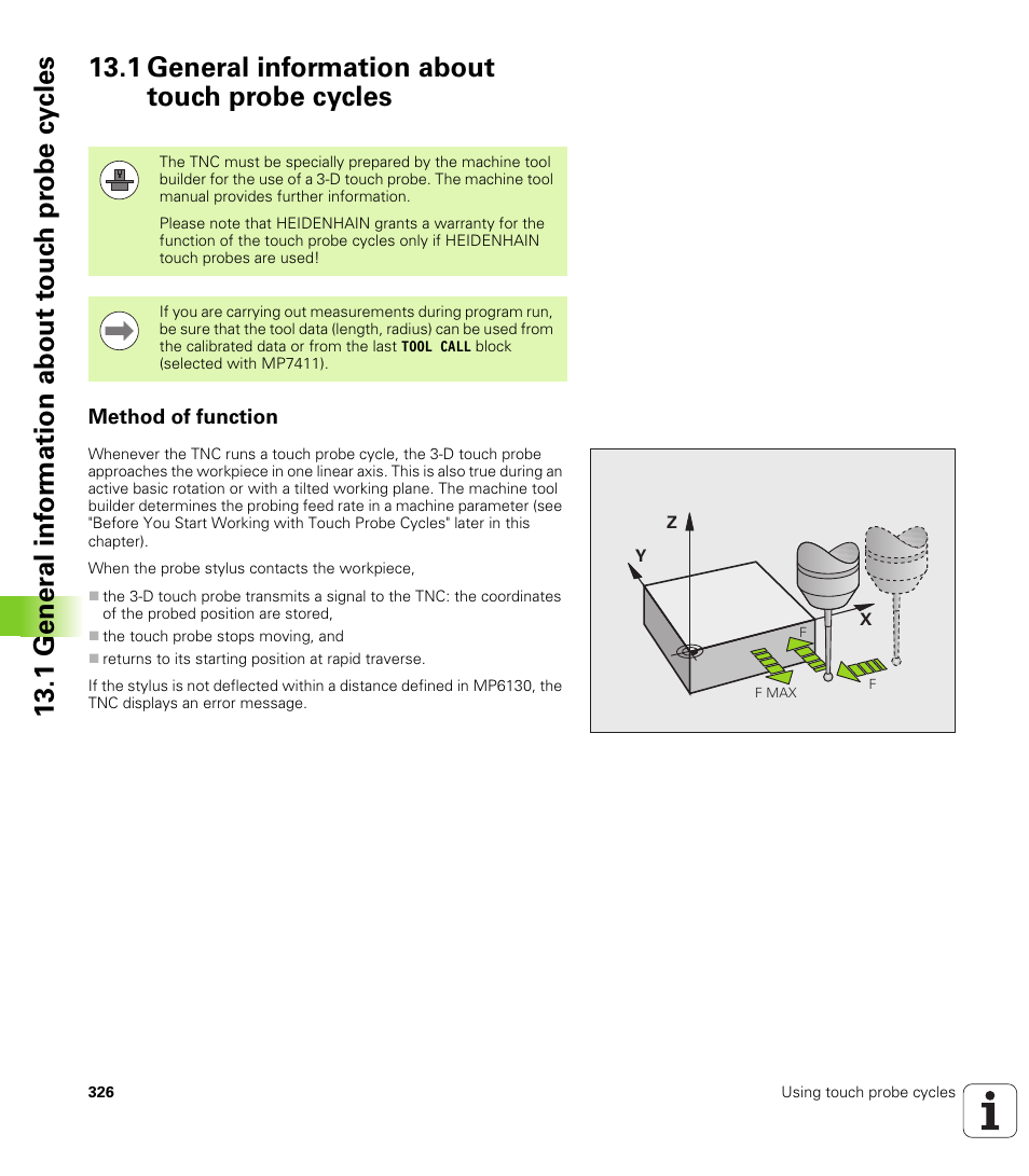 1 general information about touch probe cycles, Method of function | HEIDENHAIN iTNC 530 (34049x-08) Cycle programming User Manual | Page 326 / 527