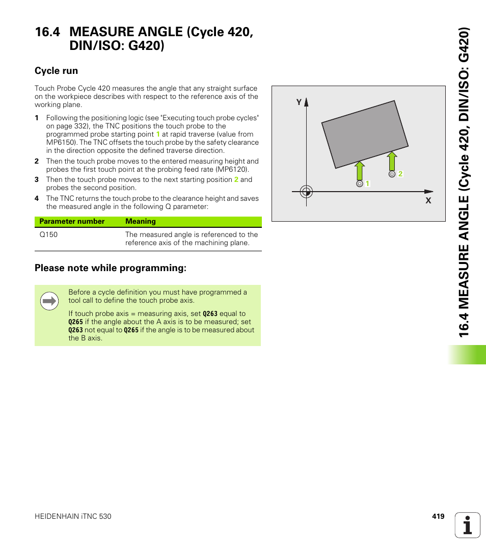 4 measure angle (cycle 420, din/iso: g420), Cycle run, Please note while programming | Cycle run please note while programming | HEIDENHAIN iTNC 530 (34049x-08) Cycle programming User Manual | Page 419 / 527