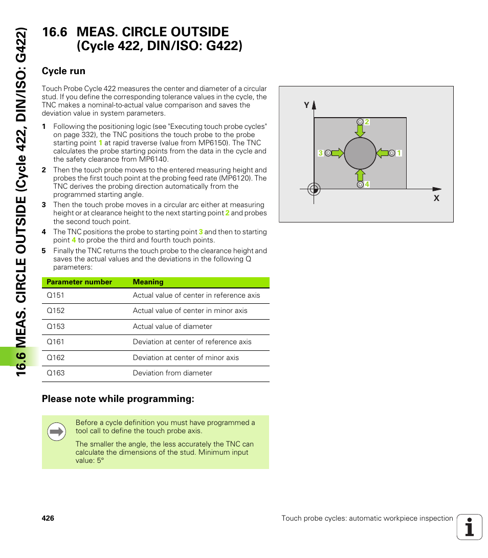 6 meas. circle outside (cycle 422, din/iso: g422), Cycle run, Please note while programming | See "meas. circle outside (cycle 422, Cycle run please note while programming | HEIDENHAIN iTNC 530 (34049x-08) Cycle programming User Manual | Page 426 / 527