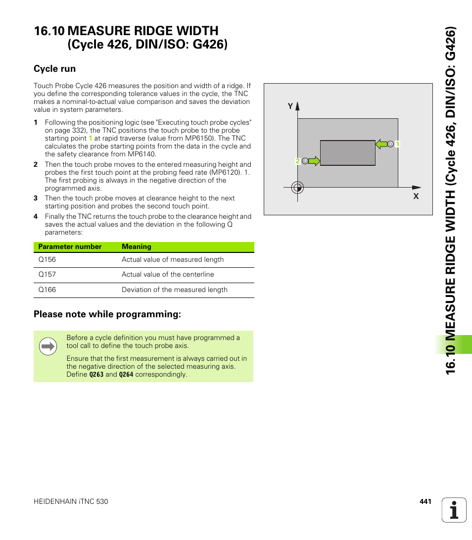 10 measure ridge width (cycle 426, din/iso: g426), Cycle run, Please note while programming | Cycle run please note while programming | HEIDENHAIN iTNC 530 (34049x-08) Cycle programming User Manual | Page 441 / 527