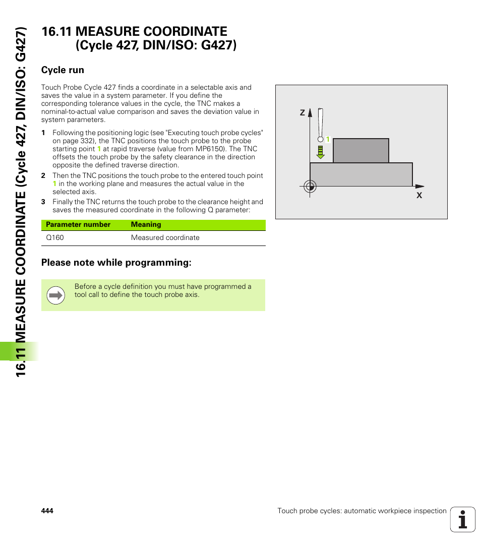11 measure coordinate (cycle 427, din/iso: g427), Cycle run, Please note while programming | Cycle run please note while programming | HEIDENHAIN iTNC 530 (34049x-08) Cycle programming User Manual | Page 444 / 527