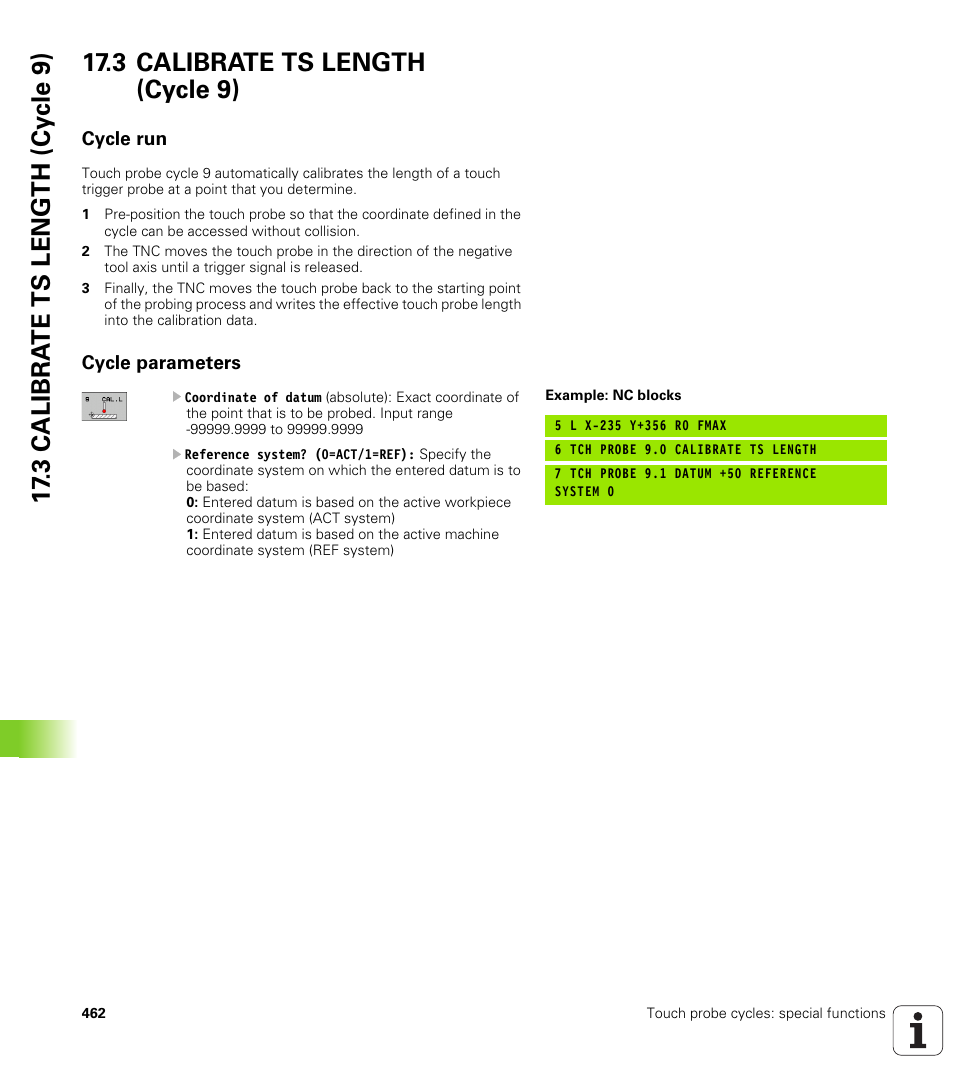 3 calibrate ts length (cycle 9), Cycle run, Cycle parameters | Cycle run cycle parameters | HEIDENHAIN iTNC 530 (34049x-08) Cycle programming User Manual | Page 462 / 527