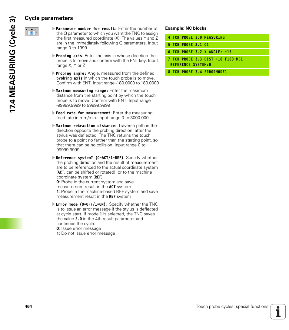 Cycle parameters, 17 .4 mea s uring (cy cle 3) | HEIDENHAIN iTNC 530 (34049x-08) Cycle programming User Manual | Page 464 / 527