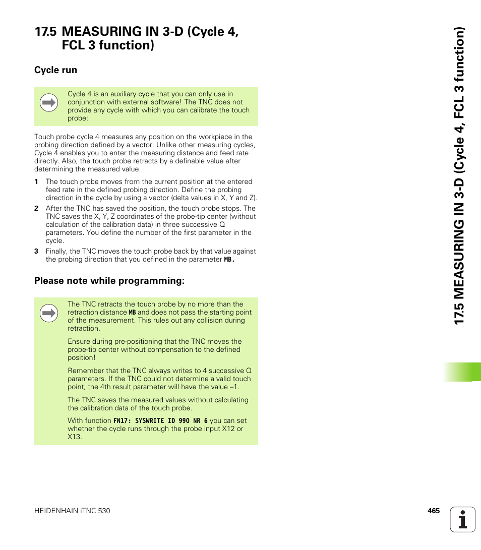5 measuring in 3-d (cycle 4, fcl 3 function), Cycle run, Please note while programming | Cycle run please note while programming | HEIDENHAIN iTNC 530 (34049x-08) Cycle programming User Manual | Page 465 / 527