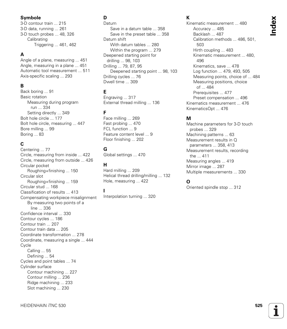 Index | HEIDENHAIN iTNC 530 (34049x-08) Cycle programming User Manual | Page 525 / 527