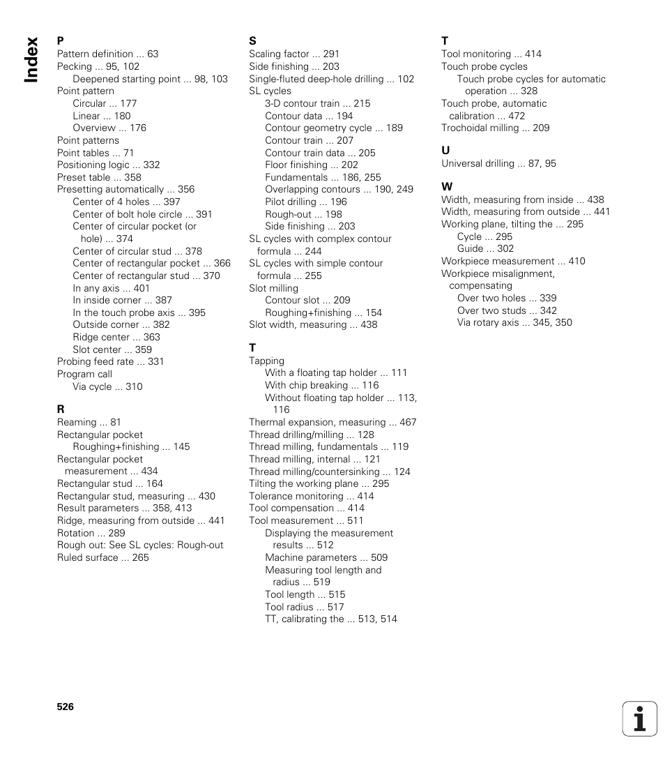 Index | HEIDENHAIN iTNC 530 (34049x-08) Cycle programming User Manual | Page 526 / 527