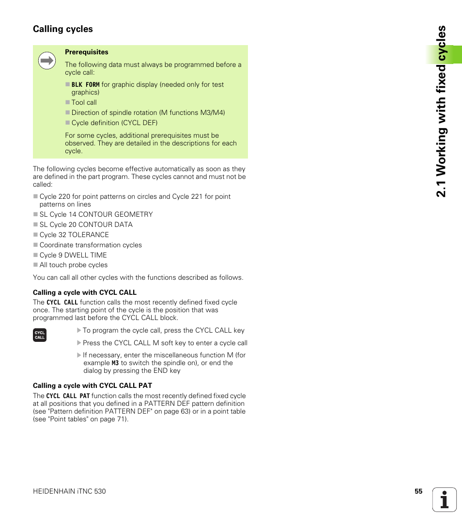 Calling cycles, 1 w or king with fix ed cy cles | HEIDENHAIN iTNC 530 (34049x-08) Cycle programming User Manual | Page 55 / 527