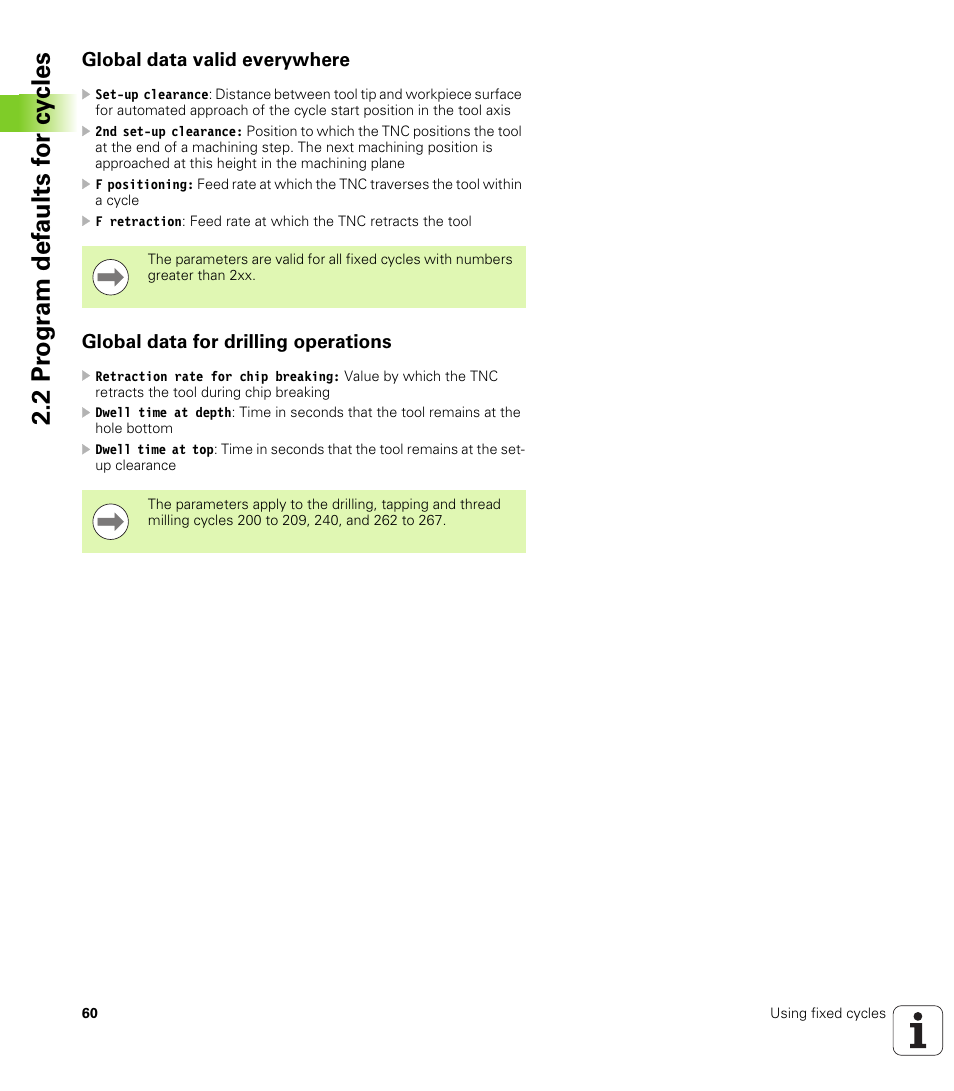 Global data valid everywhere, Global data for drilling operations, 2 pr ogr am def aults for cy cles | HEIDENHAIN iTNC 530 (34049x-08) Cycle programming User Manual | Page 60 / 527