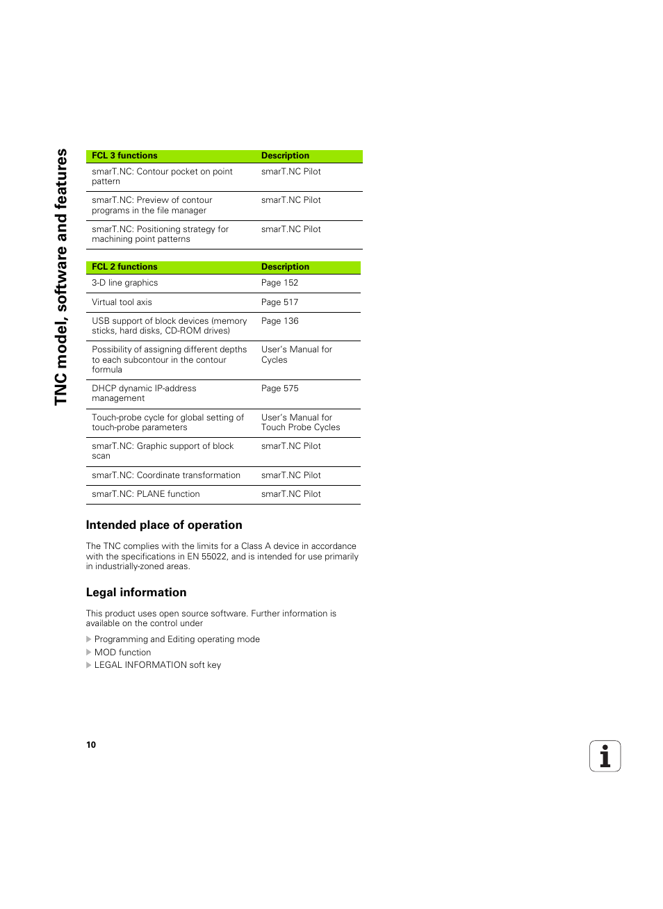 Intended place of operation, Legal information, Tnc model, sof tw a re and f eat ur es | HEIDENHAIN iTNC 530 (34049x-08) ISO programming User Manual | Page 10 / 654