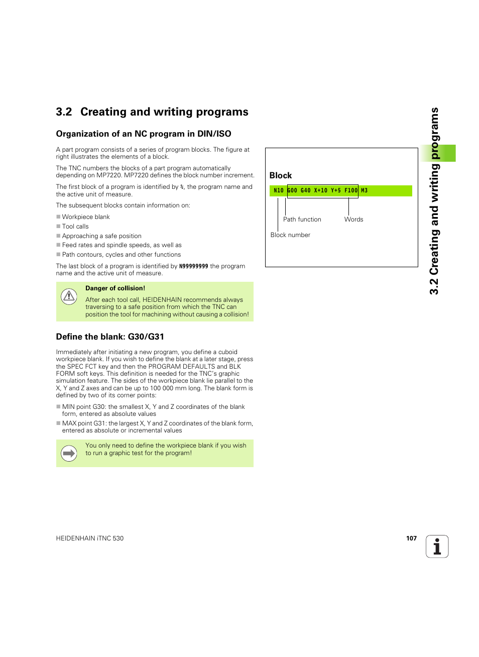 2 creating and writing programs, Organization of an nc program in din/iso, Define the blank: g30/g31 | See "creating and writing programs" on | HEIDENHAIN iTNC 530 (34049x-08) ISO programming User Manual | Page 107 / 654