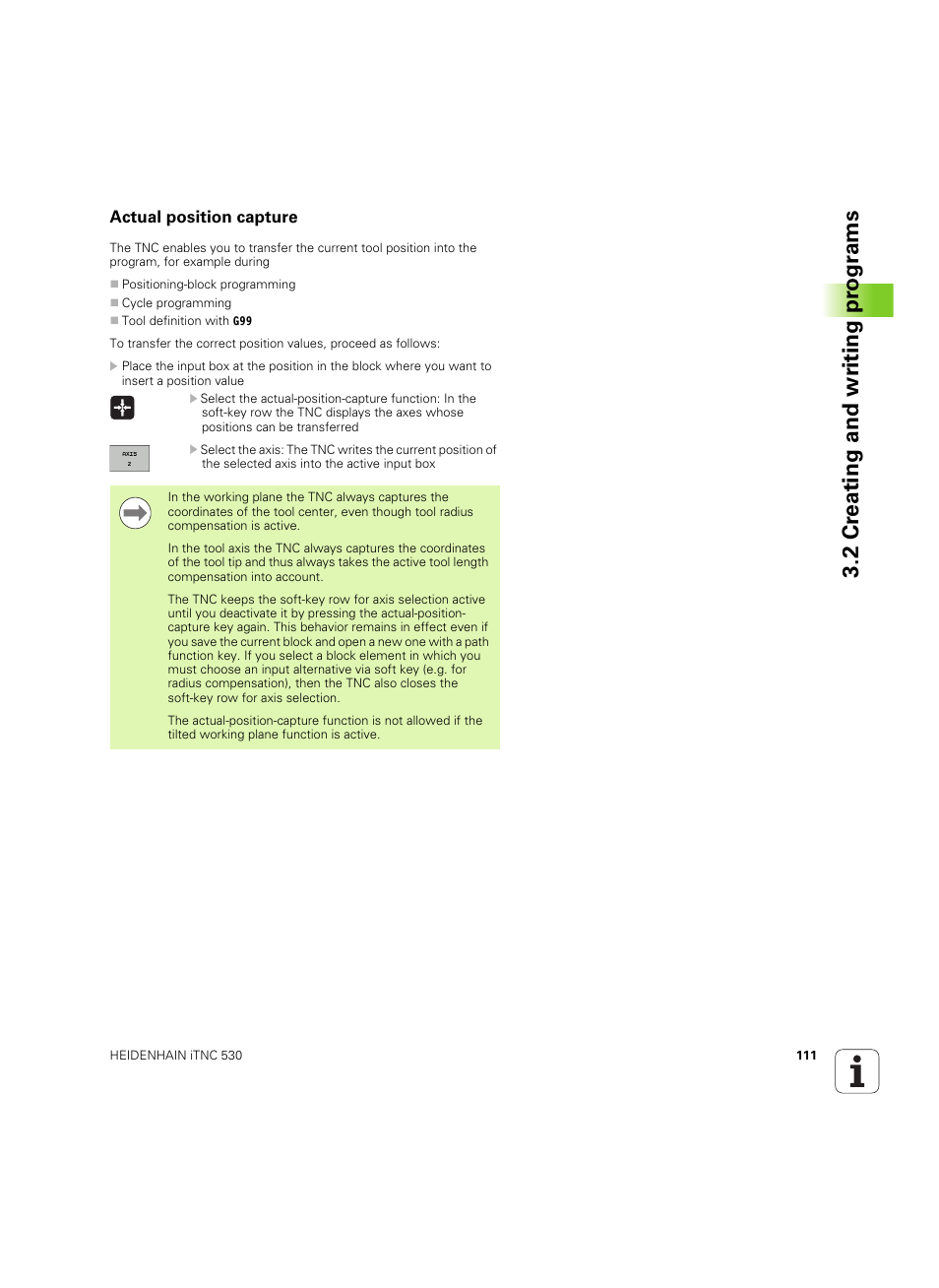 Actual position capture, 2 cr eating and wr iting pr ogr a ms | HEIDENHAIN iTNC 530 (34049x-08) ISO programming User Manual | Page 111 / 654
