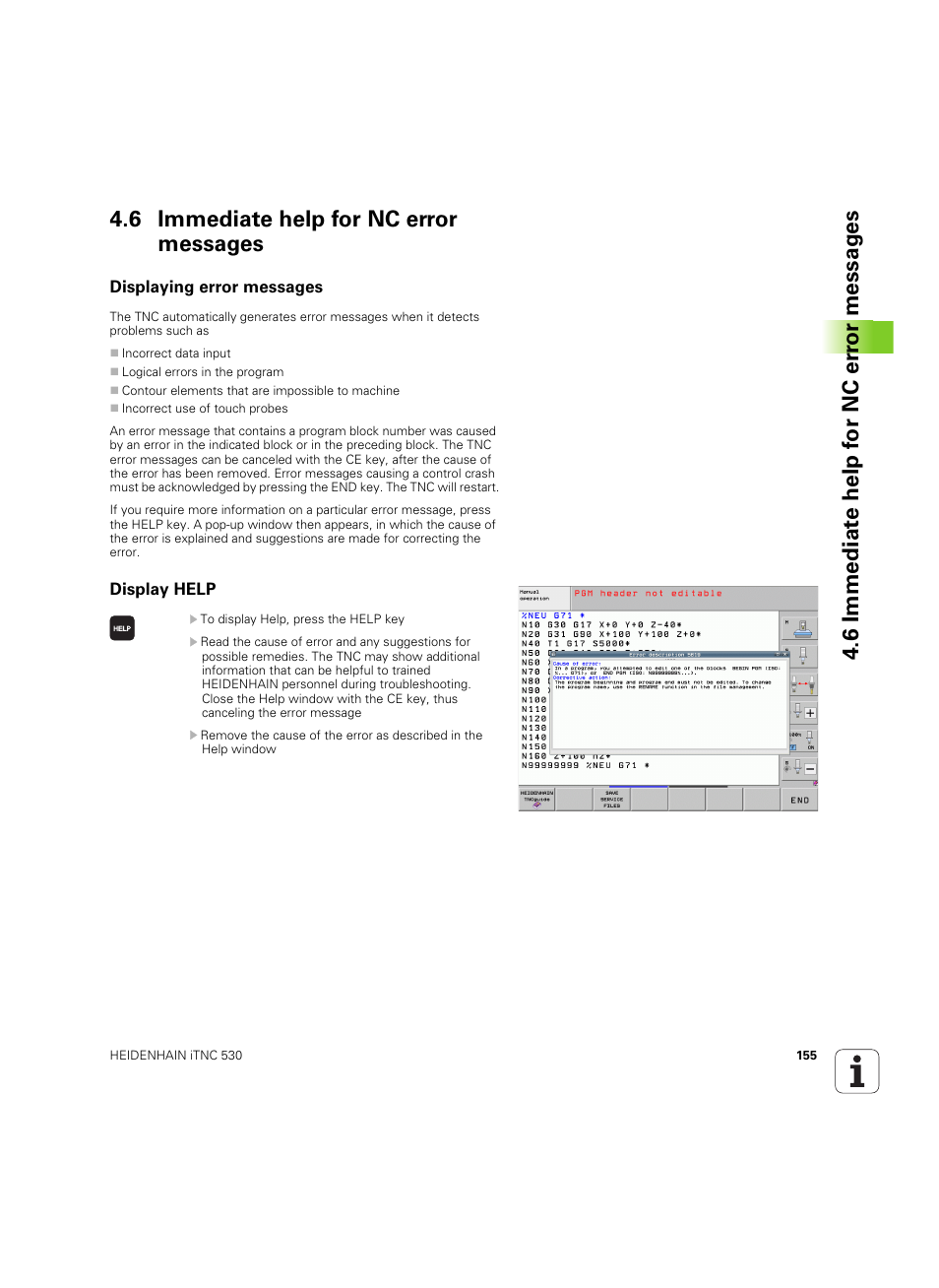 6 immediate help for nc error messages, Displaying error messages, Display help | Displaying error messages display help | HEIDENHAIN iTNC 530 (34049x-08) ISO programming User Manual | Page 155 / 654