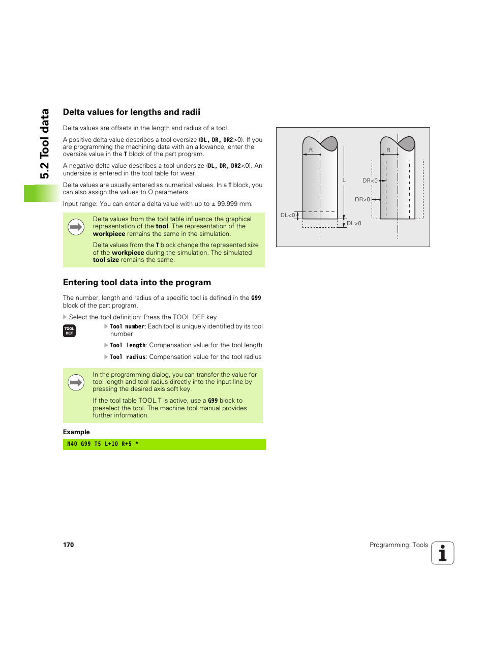 Delta values for lengths and radii, Entering tool data into the program, 2 t ool data | HEIDENHAIN iTNC 530 (34049x-08) ISO programming User Manual | Page 170 / 654