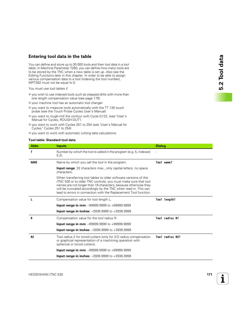 Entering tool data in the table, E (see "tool table, Ol.t (see "tool table: standard tool data | Mm (see "tool table: standard tool data, See "entering tool data in the table" on, 2 t ool data | HEIDENHAIN iTNC 530 (34049x-08) ISO programming User Manual | Page 171 / 654