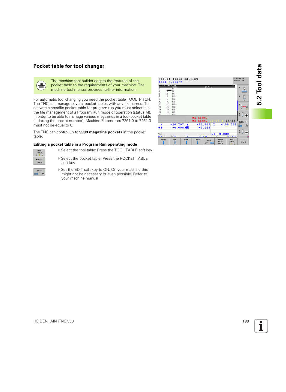 Pocket table for tool changer, See "pocket table for tool changer" on, 2 t ool data | HEIDENHAIN iTNC 530 (34049x-08) ISO programming User Manual | Page 183 / 654