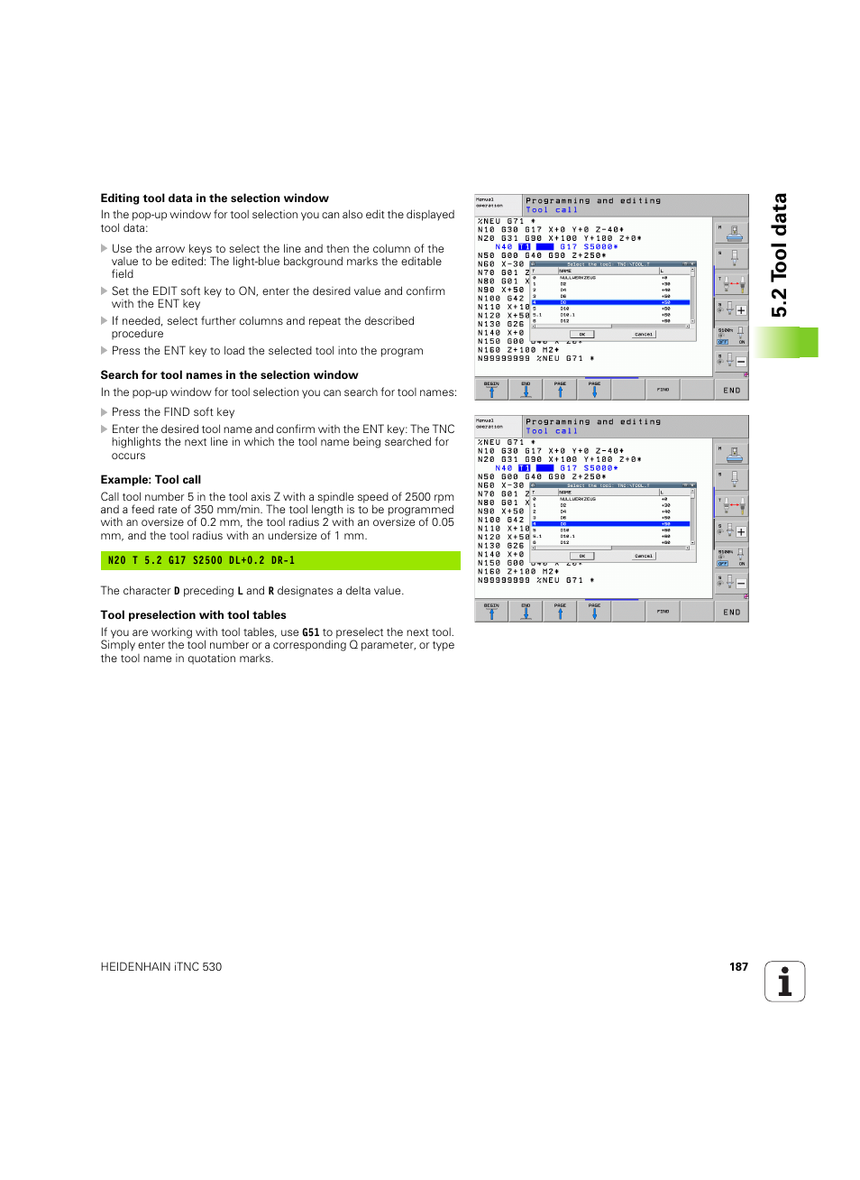 Ow (see "search for tool names in the, 2 t ool data | HEIDENHAIN iTNC 530 (34049x-08) ISO programming User Manual | Page 187 / 654