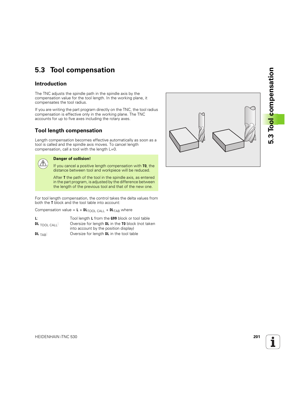 3 tool compensation, Introduction, Tool length compensation | Introduction tool length compensation, 3 t ool compensation 5.3 tool compensation | HEIDENHAIN iTNC 530 (34049x-08) ISO programming User Manual | Page 201 / 654