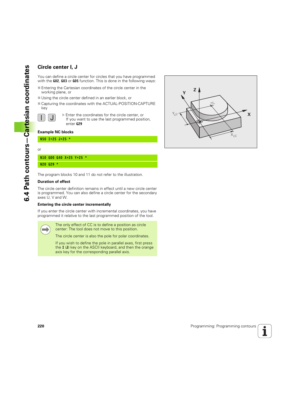 Circle center i, j, 4 p a th cont ours—car te sian coor dinat e s | HEIDENHAIN iTNC 530 (34049x-08) ISO programming User Manual | Page 220 / 654