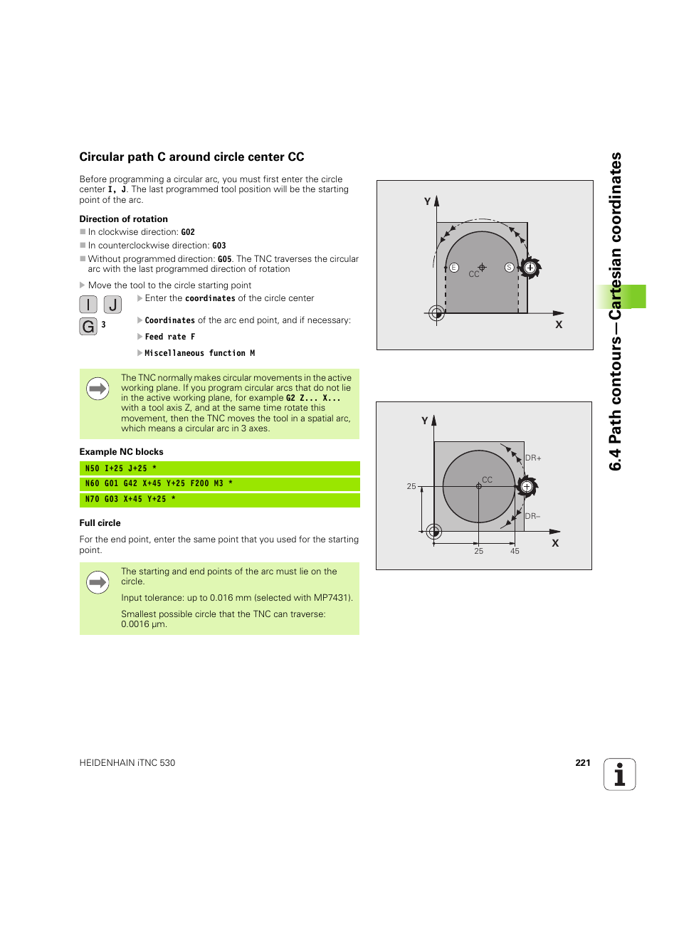 Circular path c around circle center cc, 4 p a th cont ours—car te sian coor dinat e s | HEIDENHAIN iTNC 530 (34049x-08) ISO programming User Manual | Page 221 / 654