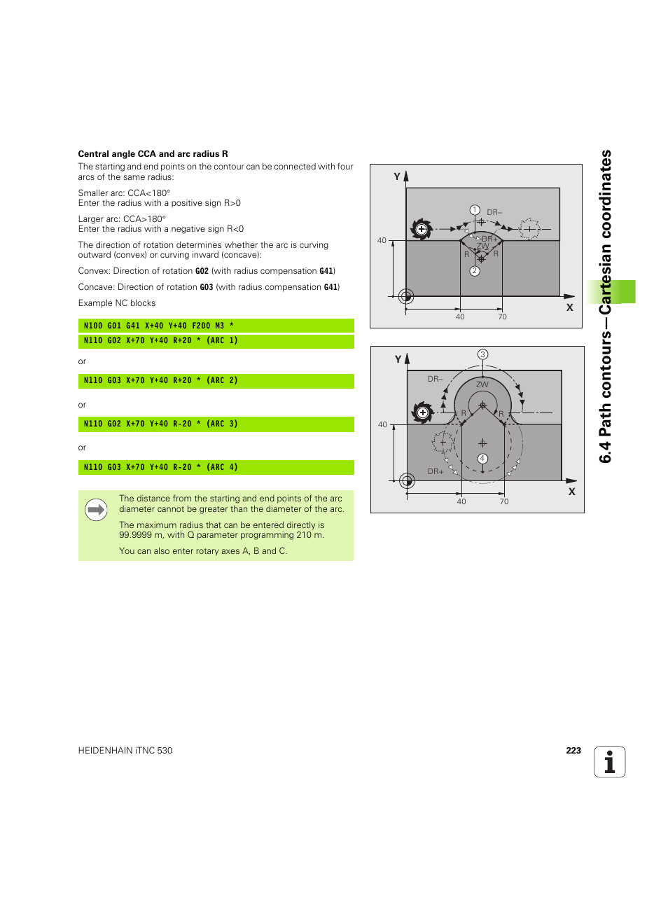 4 p a th cont ours—car te sian coor dinat e s | HEIDENHAIN iTNC 530 (34049x-08) ISO programming User Manual | Page 223 / 654