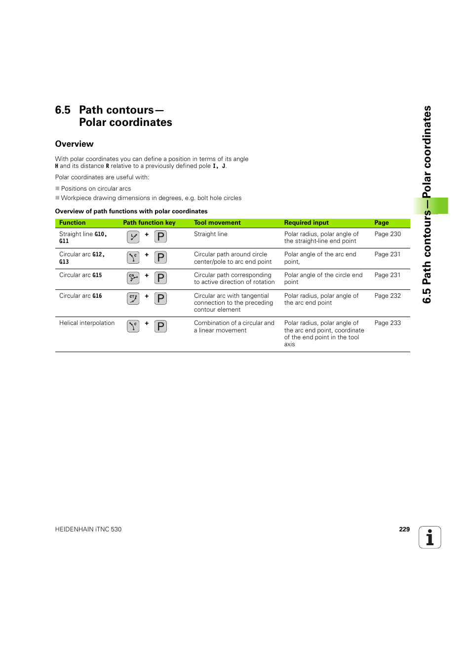 5 path contours— polar coordinates, Overview, 5 path contours—polar coordinates | HEIDENHAIN iTNC 530 (34049x-08) ISO programming User Manual | Page 229 / 654