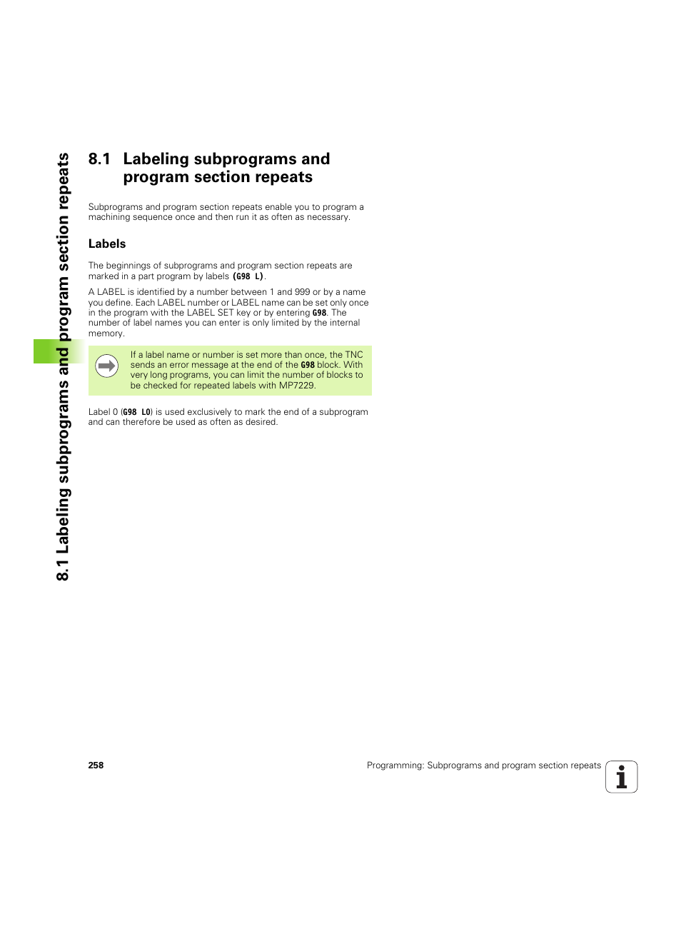 1 labeling subprograms and program section repeats, Labels, See "labeling subprograms | HEIDENHAIN iTNC 530 (34049x-08) ISO programming User Manual | Page 258 / 654