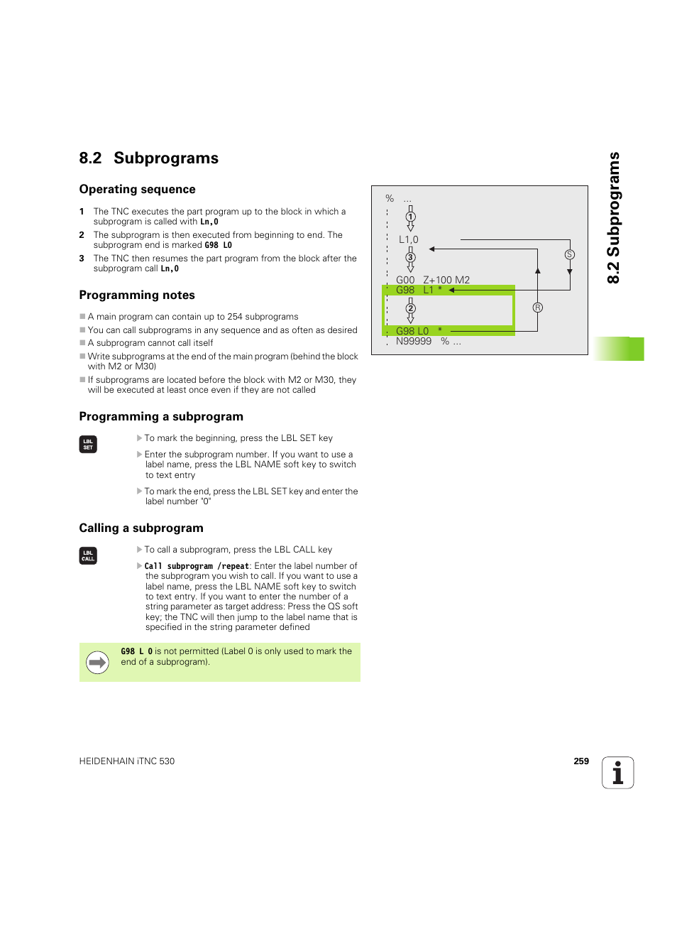 2 subprograms, Operating sequence, Programming notes | Programming a subprogram, Calling a subprogram, 2 subpr ogr a ms 8.2 subprograms | HEIDENHAIN iTNC 530 (34049x-08) ISO programming User Manual | Page 259 / 654