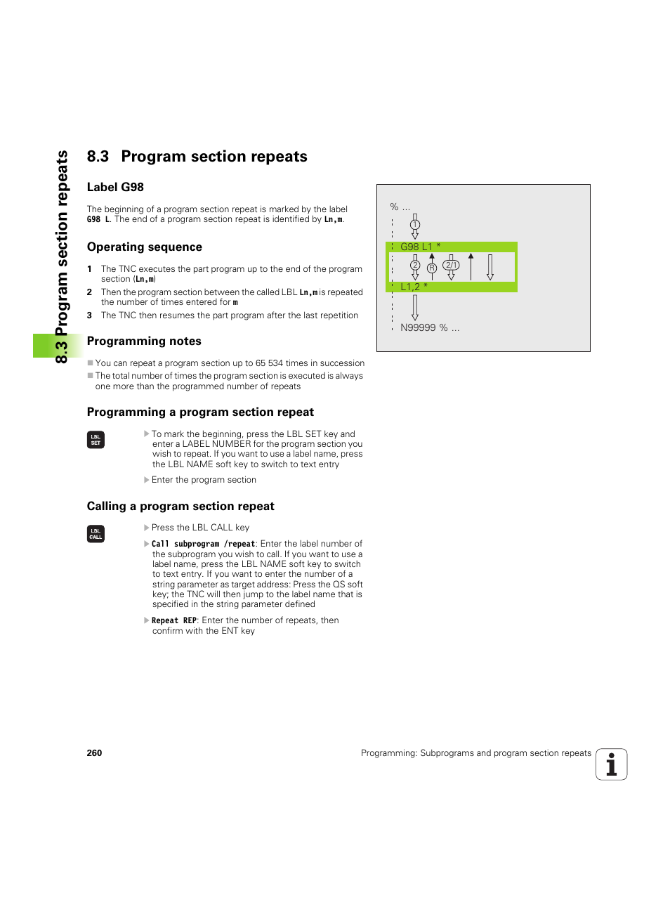 3 program section repeats, Label g98, Operating sequence | Programming notes, Programming a program section repeat, Calling a program section repeat | HEIDENHAIN iTNC 530 (34049x-08) ISO programming User Manual | Page 260 / 654
