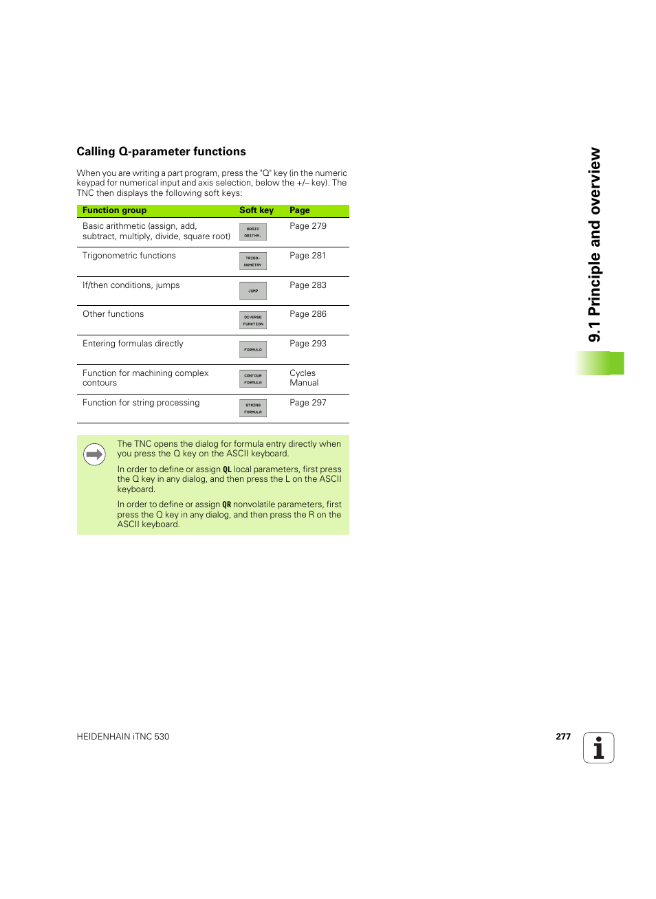 Calling q-parameter functions, 1 pr inciple and o v erview | HEIDENHAIN iTNC 530 (34049x-08) ISO programming User Manual | Page 277 / 654