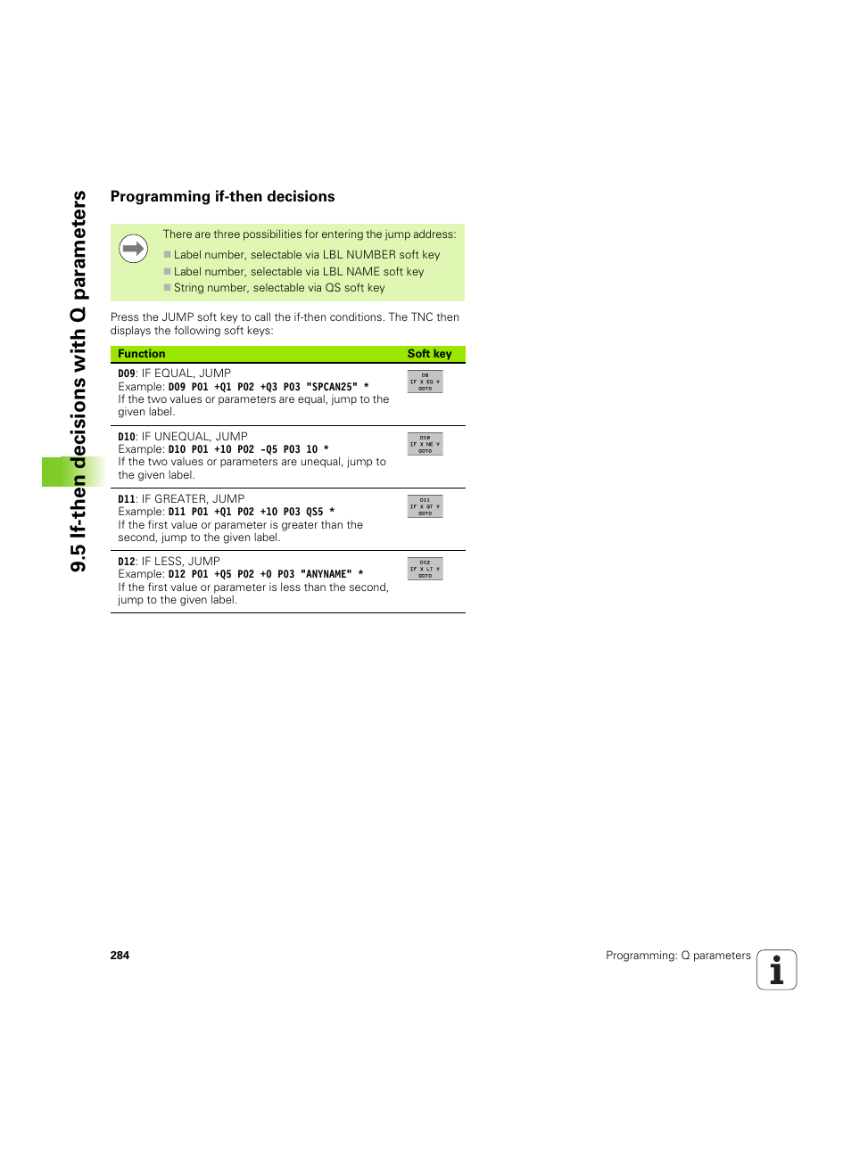 Programming if-then decisions, And see "programming, 5 if-then decisions with q p ar amet ers | HEIDENHAIN iTNC 530 (34049x-08) ISO programming User Manual | Page 284 / 654