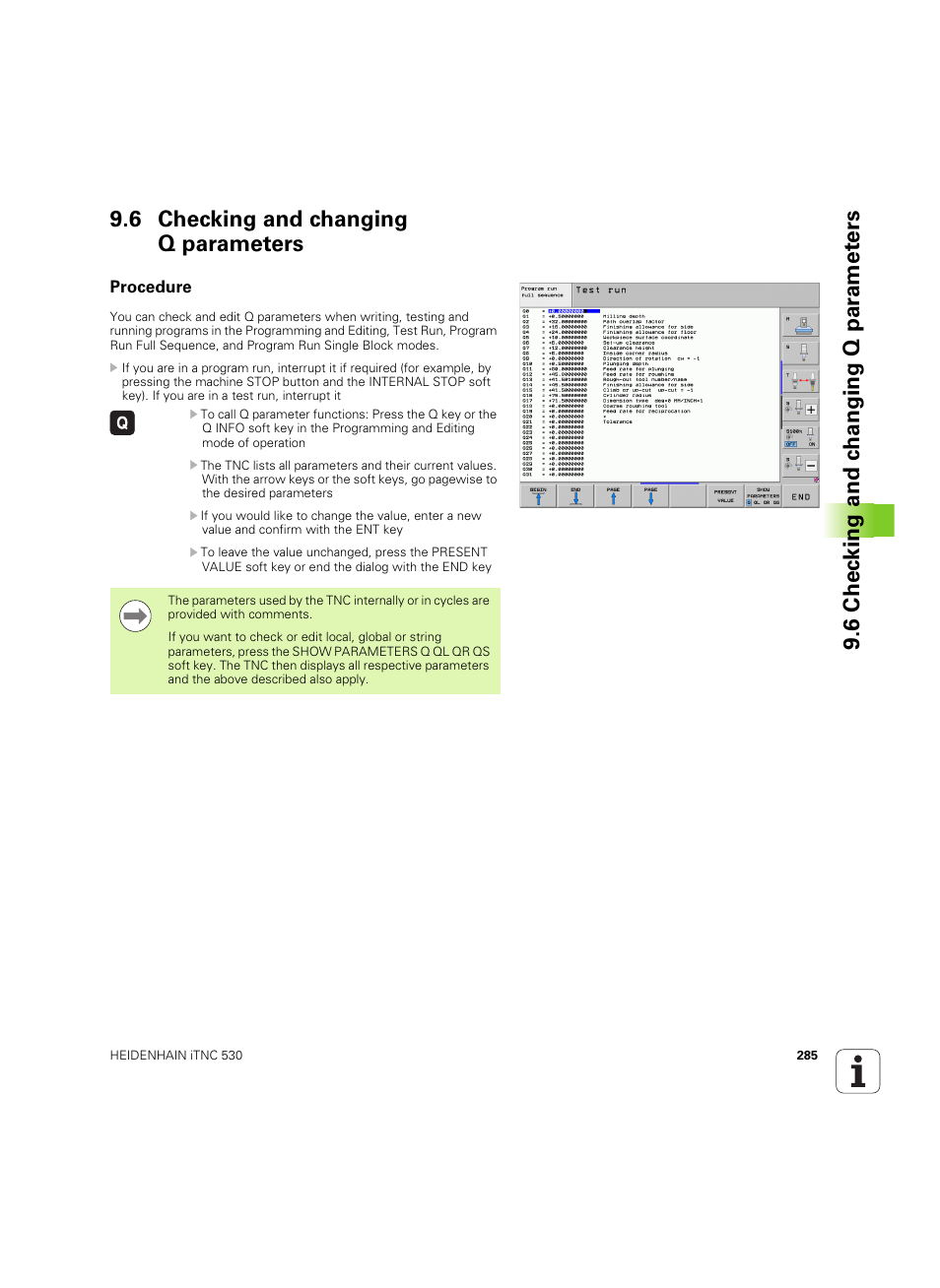 6 checking and changing q parameters, Procedure | HEIDENHAIN iTNC 530 (34049x-08) ISO programming User Manual | Page 285 / 654