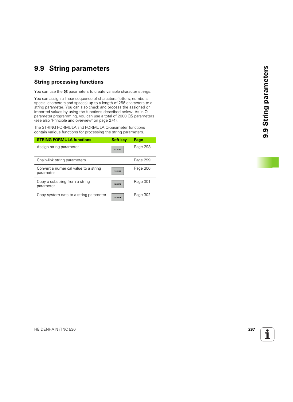 9 string parameters, String processing functions, 9 str ing par a met e rs 9.9 string parameters | HEIDENHAIN iTNC 530 (34049x-08) ISO programming User Manual | Page 297 / 654