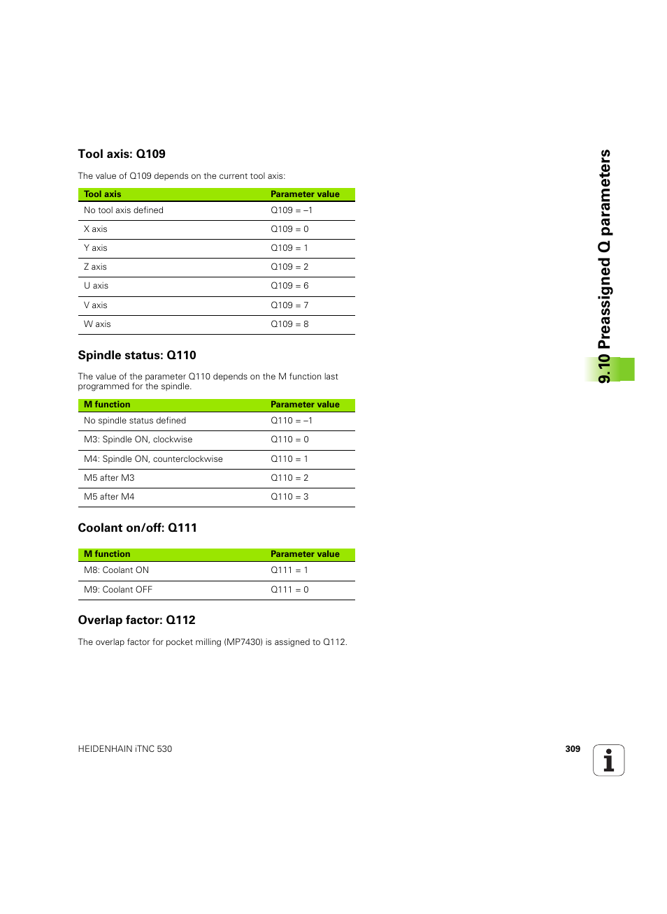 Tool axis: q109, Spindle status: q110, Coolant on/off: q111 | Overlap factor: q112, 1 0 pr eassigned q par a met e rs | HEIDENHAIN iTNC 530 (34049x-08) ISO programming User Manual | Page 309 / 654