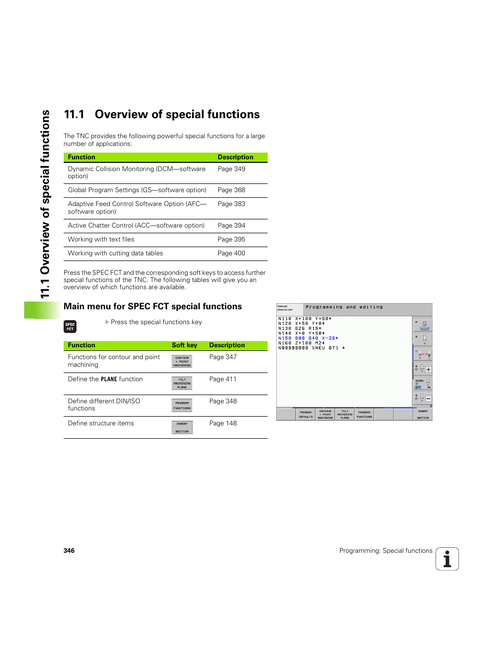 1 overview of special functions, Main menu for spec fct special functions | HEIDENHAIN iTNC 530 (34049x-08) ISO programming User Manual | Page 346 / 654
