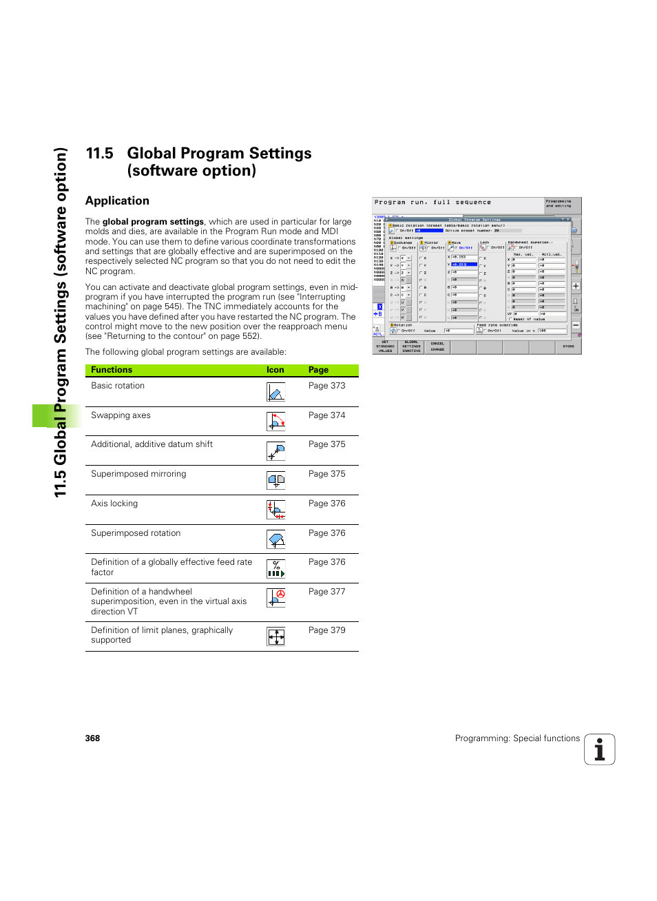 5 global program settings (software option), Application, S (see | HEIDENHAIN iTNC 530 (34049x-08) ISO programming User Manual | Page 368 / 654