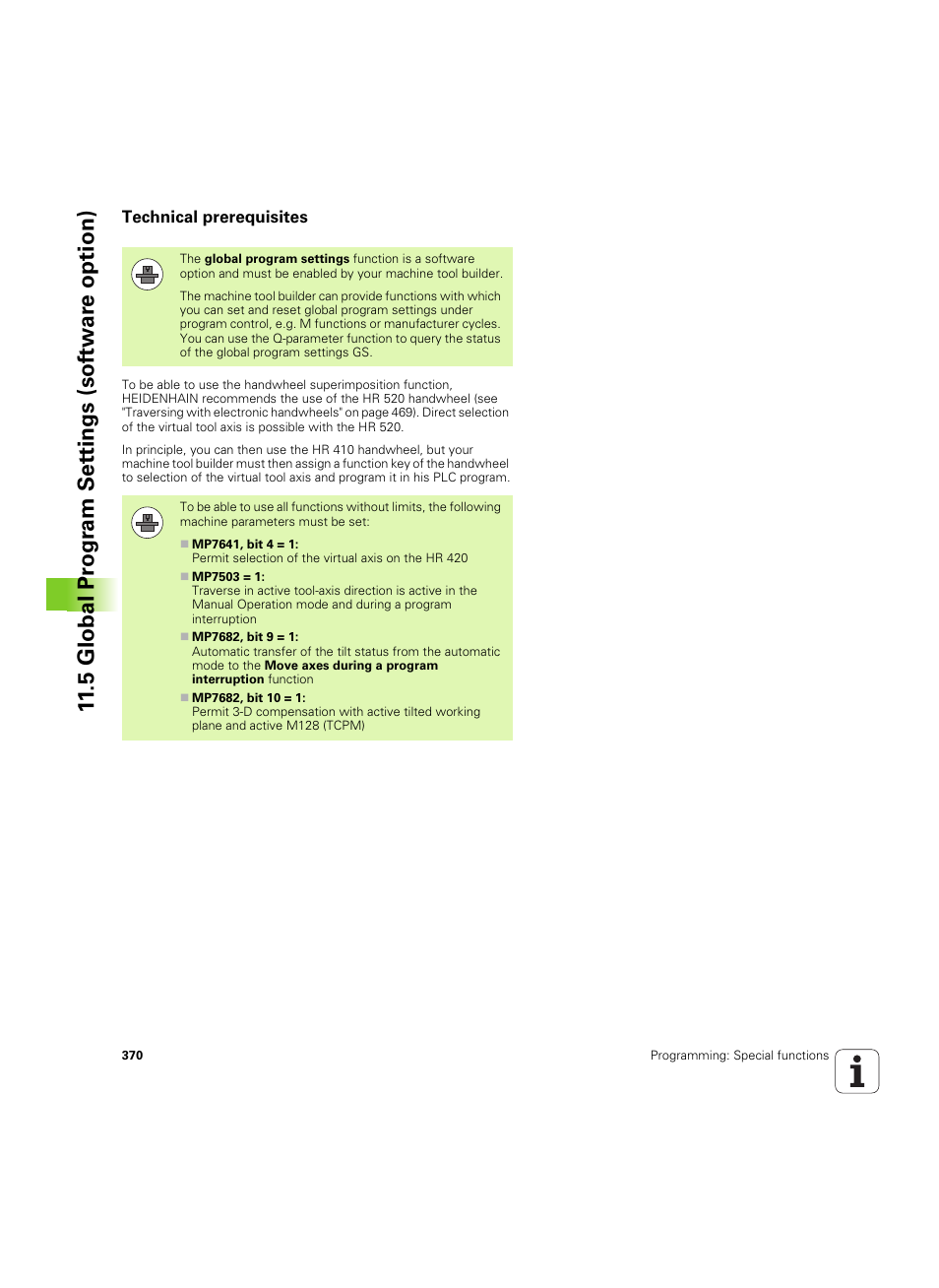Technical prerequisites, 5 global pr ogr am set tings (sof tw ar e option) | HEIDENHAIN iTNC 530 (34049x-08) ISO programming User Manual | Page 370 / 654