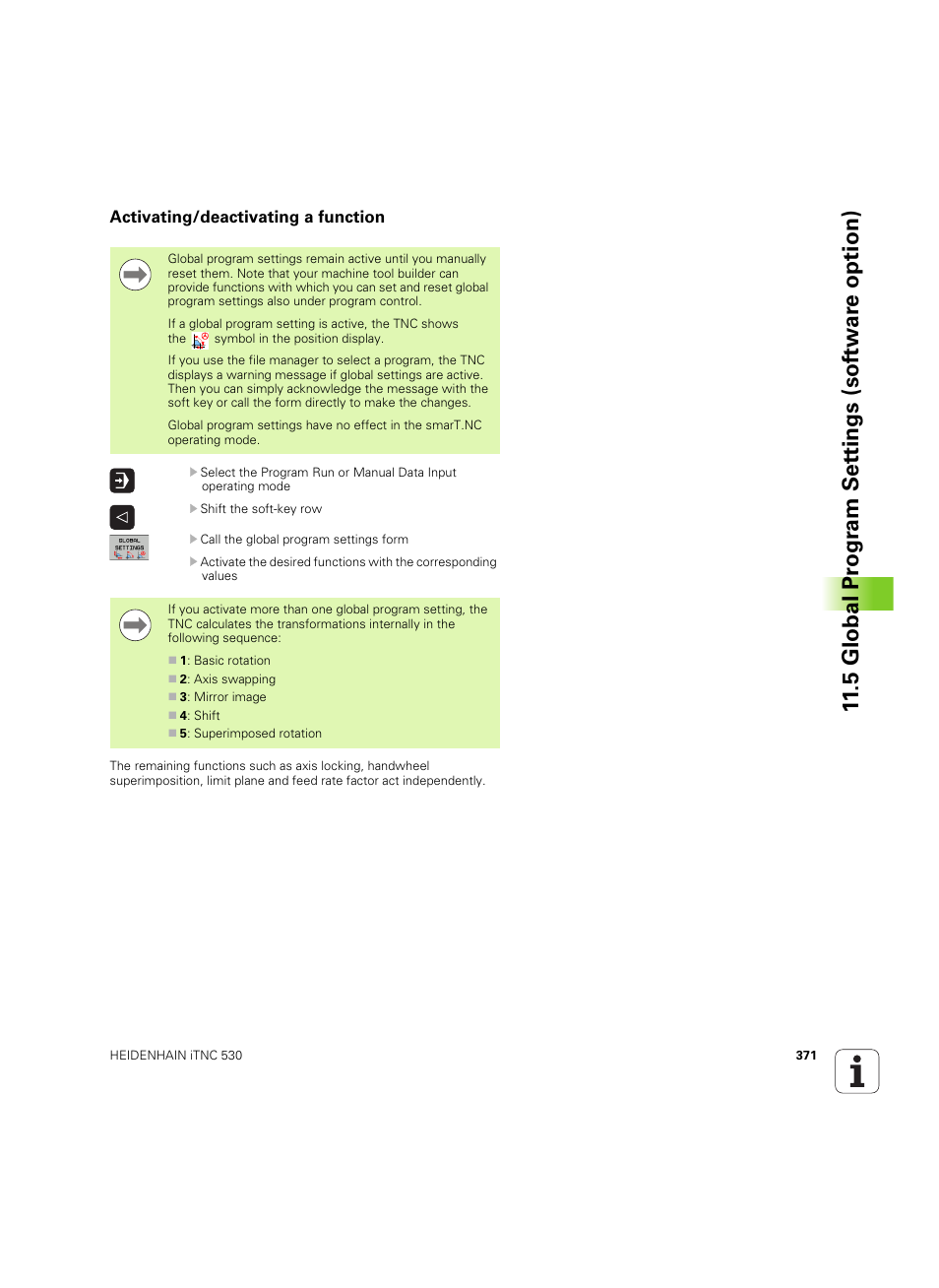 Activating/deactivating a function, 5 global pr ogr am set tings (sof tw ar e option) | HEIDENHAIN iTNC 530 (34049x-08) ISO programming User Manual | Page 371 / 654